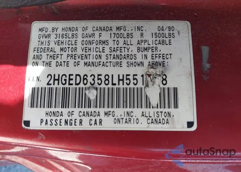 1990 Honda Civic Dx из США, поврежденный, VIN 2HGED6358LH551668